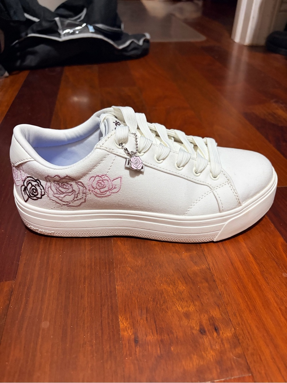 Keds White Canvas Platform Sneakers with Pink Rose Charm - Picture 1 of 10